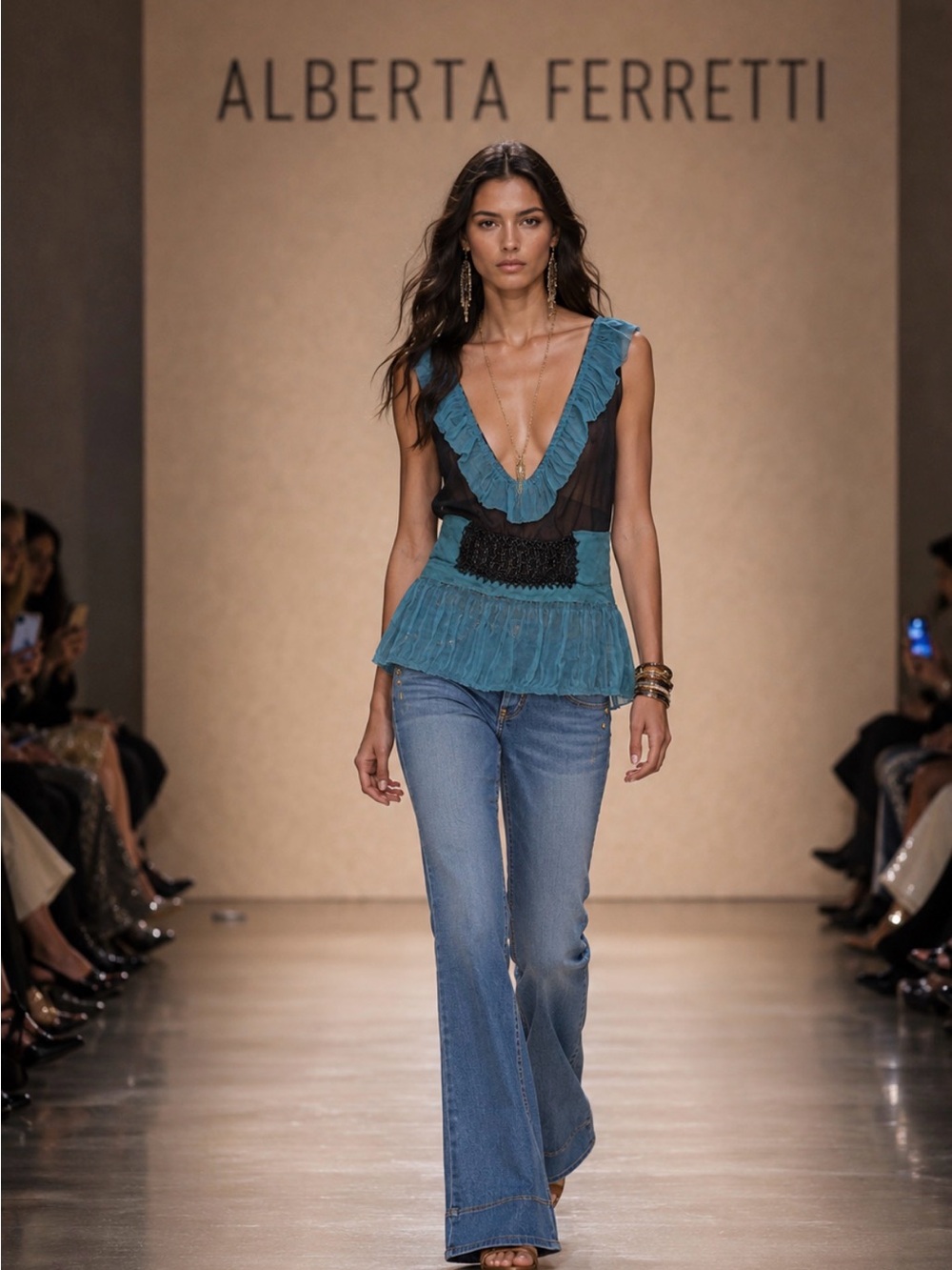 Alberta Ferretti Teal and Black Deep V Ruffle Peplum Top SILK